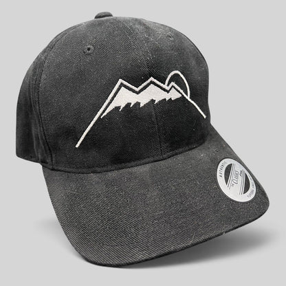 Raree Finds black Yupoong strapback hat featuring a white embroidered Humphreys Peak mountain and sun graphic.