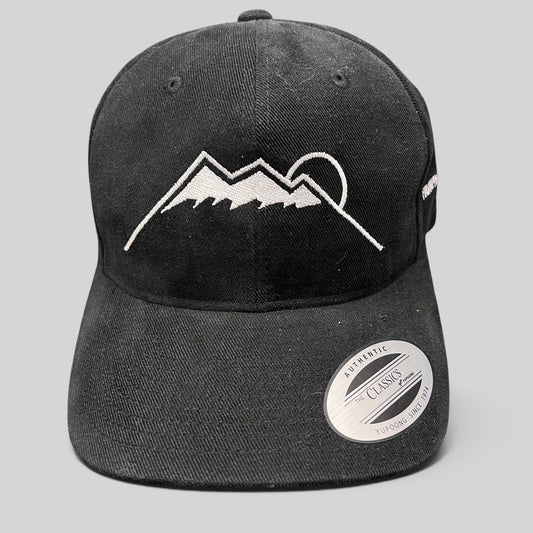 Raree Finds black Yupoong strapback hat featuring a white embroidered Humphreys Peak mountain and sun graphic