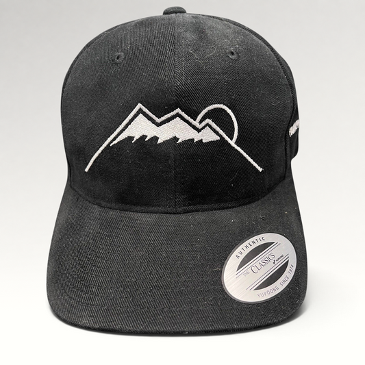 Raree Finds black Yupoong strapback hat featuring a white embroidered Humphreys Peak mountain and sun graphic