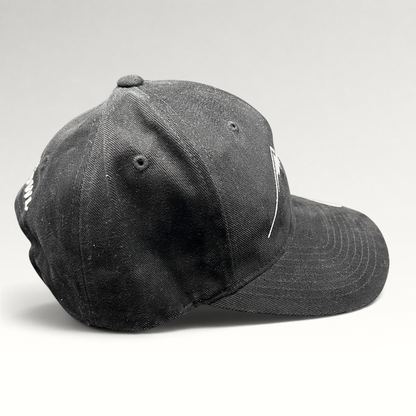 Raree Finds black Yupoong strapback hat with white Humphreys Peak mountain embroidery and curved brim