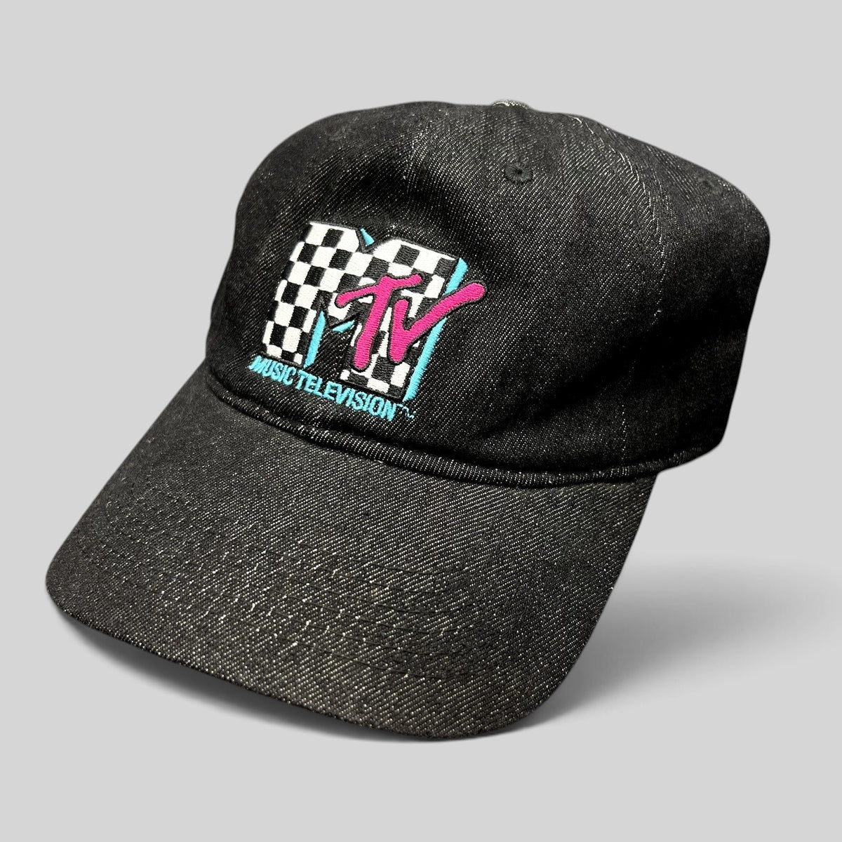 Raree Finds black MTV Music Television strapback hat with an embroidered checkered logo and teal and pink accents.