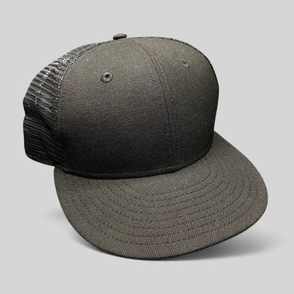 Raree Finds black New Era 59FIFTY blank fitted trucker hat with a structured high crown and breathable mesh back.