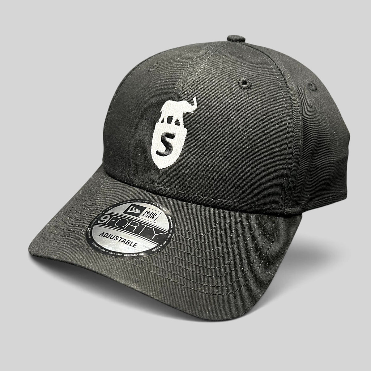 Raree Finds black New Era 9FORTY strapback hat with white Five Park Miami Beach elephant and shield crest embroidery