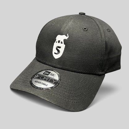 Raree Finds black New Era 9FORTY strapback hat with white Five Park Miami Beach elephant and shield crest embroidery
