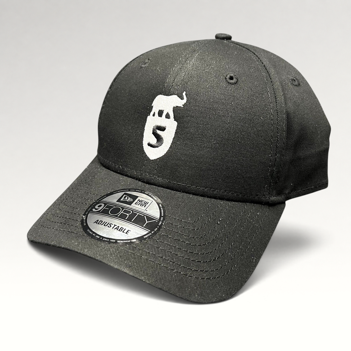 Raree Finds black New Era 9FORTY strapback hat with white Five Park Miami Beach elephant and shield crest embroidery