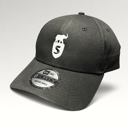 Raree Finds black New Era 9FORTY strapback hat with white Five Park Miami Beach elephant and shield crest embroidery