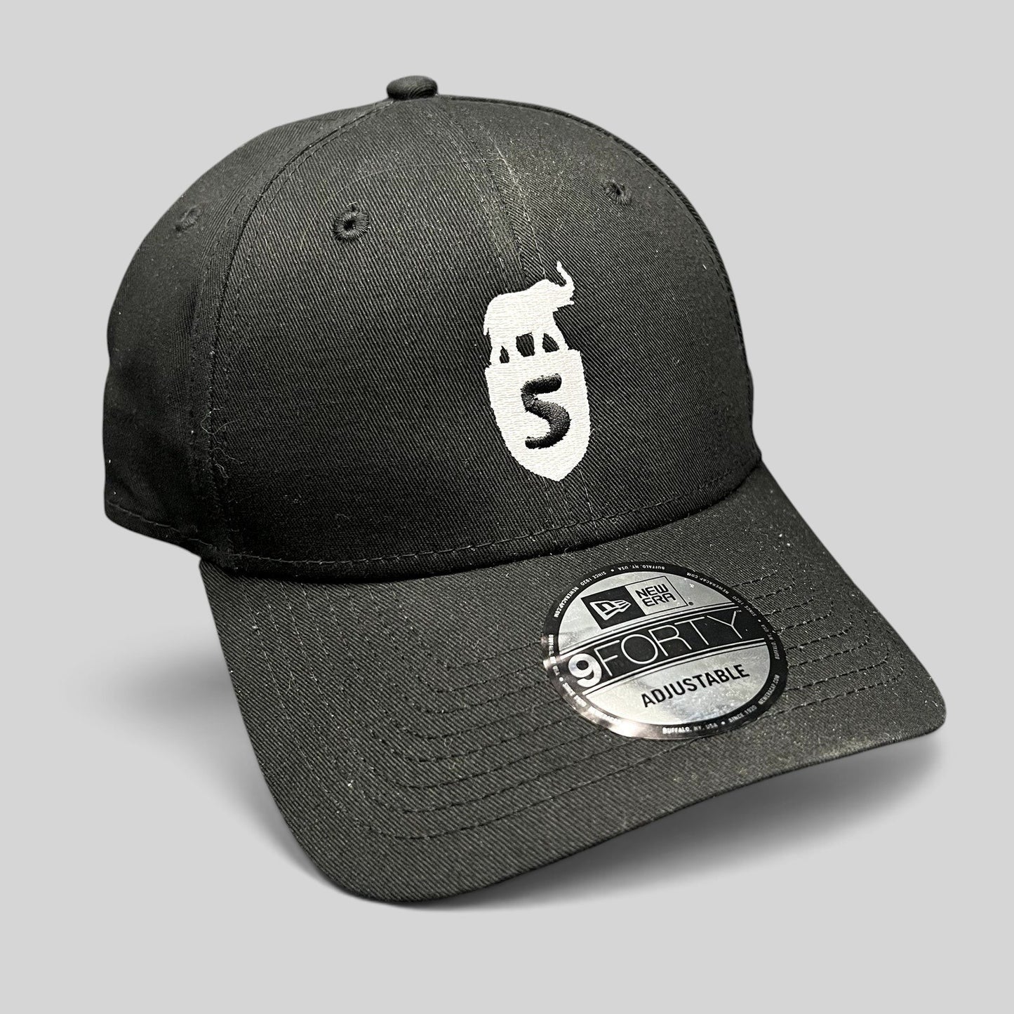 Raree Finds black New Era 9FORTY strapback hat featuring a white embroidered Five Park Miami Beach elephant crest logo