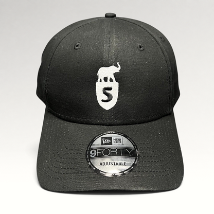 Raree Finds black New Era 9FORTY strapback hat with white embroidered elephant and shield crest logo on front