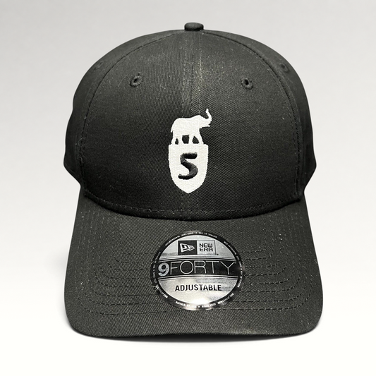 Raree Finds black New Era 9FORTY strapback hat with white embroidered elephant and shield crest logo on front