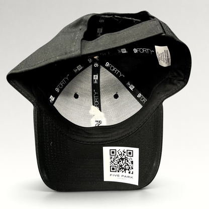 Raree Finds black New Era 9FORTY strapback hat interior view showing branding and Five Park Miami Beach QR code tag