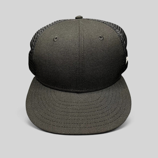 Raree Finds black New Era 59FIFTY blank fitted trucker hat with a structured high crown and breathable mesh back.