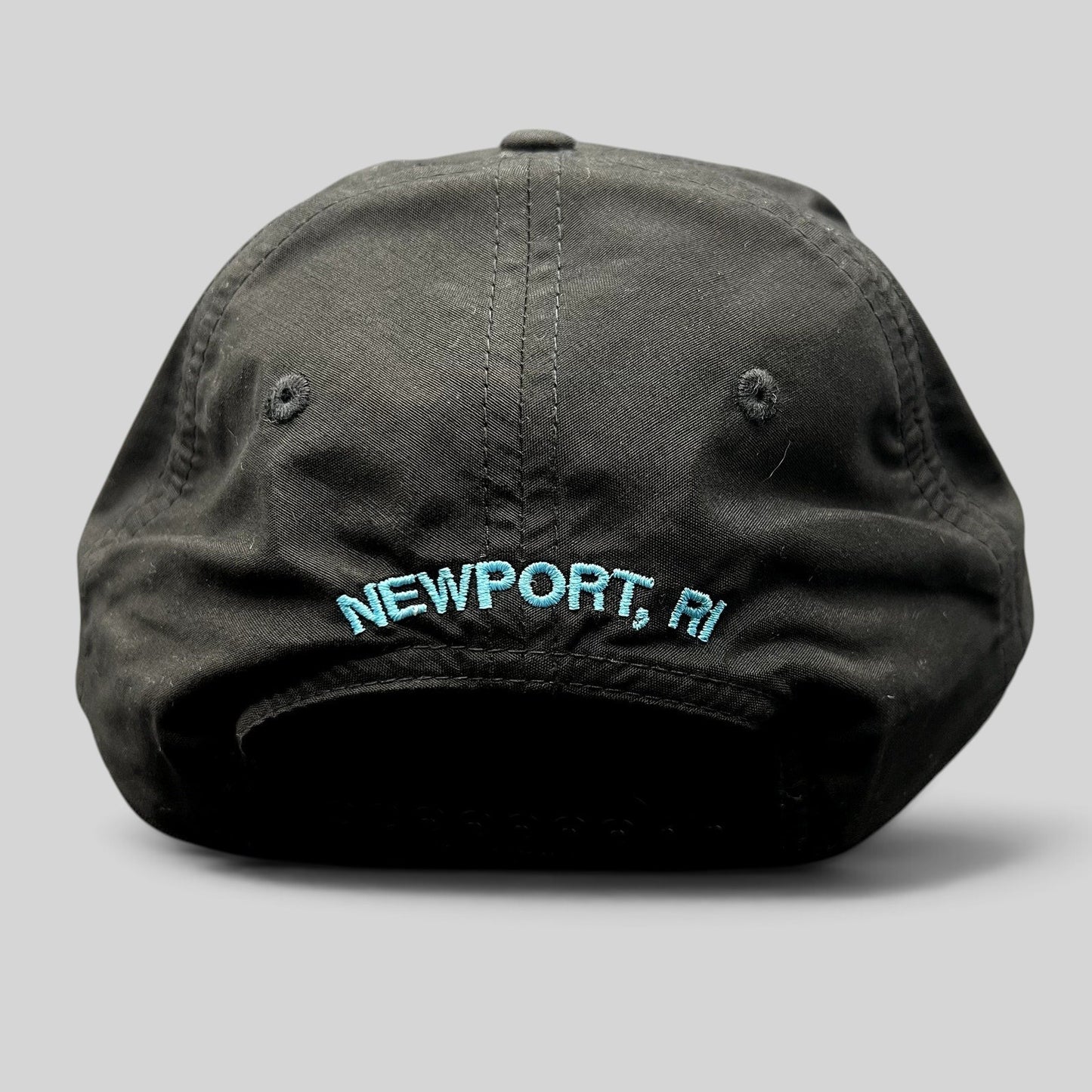 Raree Finds black Richardson Outdoor snapback hat with aqua blue Newport RI embroidery on the back