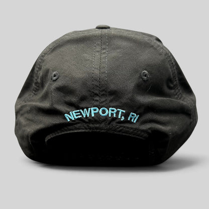 Raree Finds black Richardson Outdoor snapback hat with aqua blue Newport RI embroidery on the back