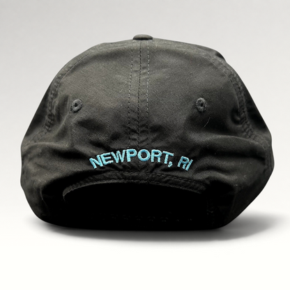 Raree Finds black Richardson Outdoor snapback hat with aqua blue Newport RI embroidery on the back