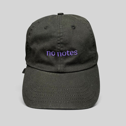 Raree Finds black cotton twill dad hat with purple embroidered no notes text on the front