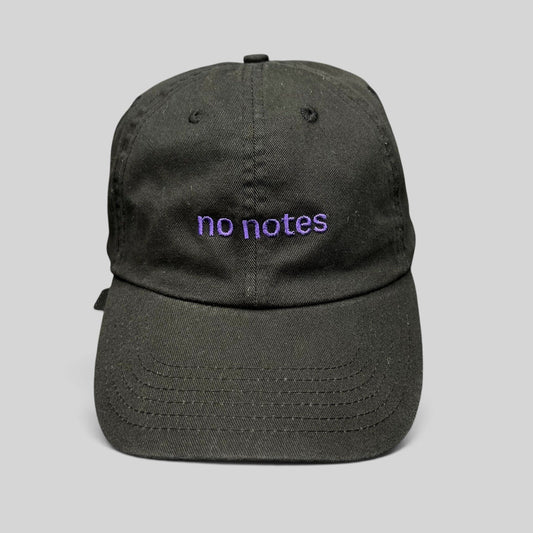 Raree Finds black cotton twill dad hat with purple embroidered no notes text on the front