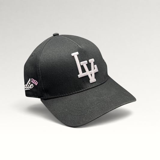 Raree Finds black Okami Brand strapback hat with white embroidered LV logo and side script detailing.