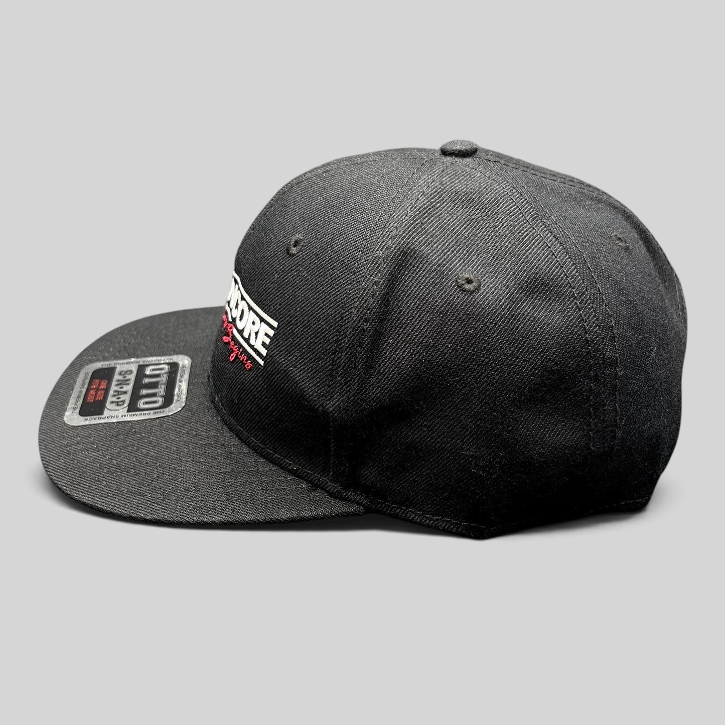 Raree Finds black OTTO snapback hat with white Third Encore embroidery and red script on a structured flat brim cap.