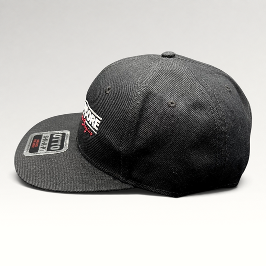 Raree Finds black OTTO snapback hat with white Third Encore embroidery and red script on a structured flat brim cap.