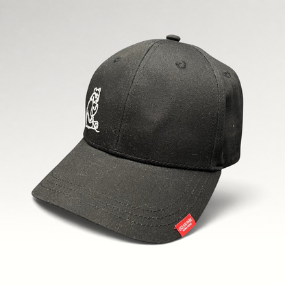 Raree Finds black strapback cap with white embroidered panda graphic and small red Ocean Park Hong Kong logo tag.