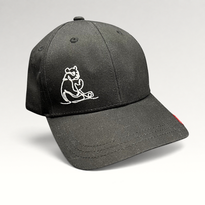 Raree Finds black strapback cap featuring a minimalist white embroidered panda graphic on the front panel.