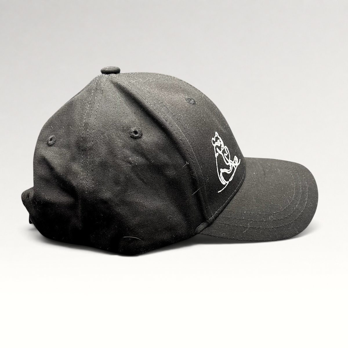 Raree Finds black six-panel strapback hat featuring a minimalist white embroidered panda graphic from Ocean Park.