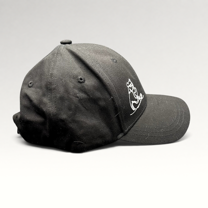 Raree Finds black six-panel strapback hat featuring a minimalist white embroidered panda graphic from Ocean Park.
