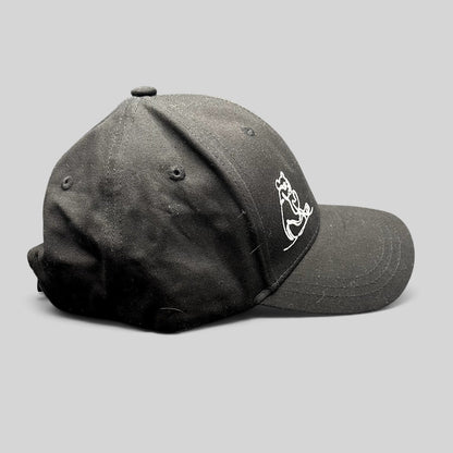 Raree Finds black strapback cap featuring a minimalist white embroidered panda graphic on the side panel