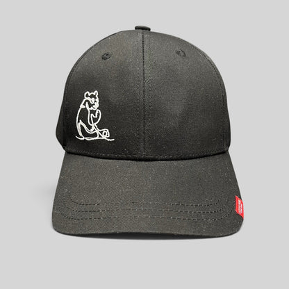 Raree Finds black strapback hat featuring a minimalist white embroidered panda graphic and small red side tag.