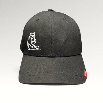 Raree Finds black strapback cap with minimalist white embroidered panda graphic and small red side logo tag