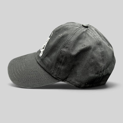 Raree Finds black cotton strapback hat featuring white embroidered Panic! At The Disco logo on a curved brim cap