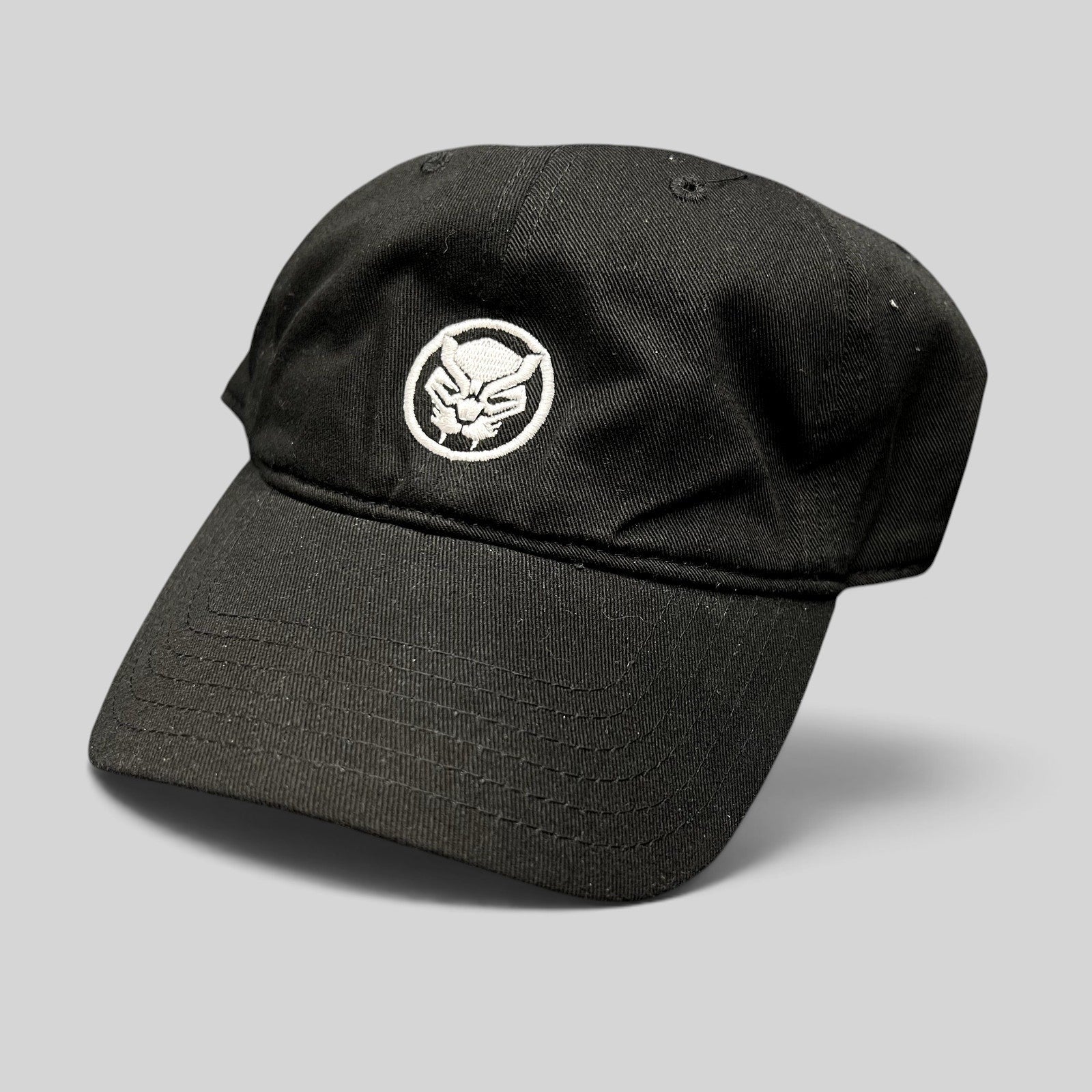 Raree Finds black Marvel Black Panther movie promo strapback hat with white embroidered mask logo on front