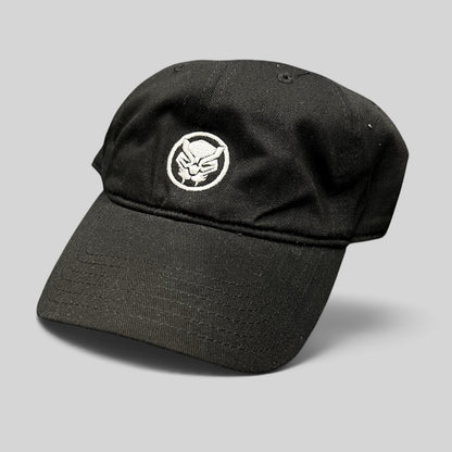 Raree Finds black Marvel Black Panther movie promo strapback hat with white embroidered mask logo on front