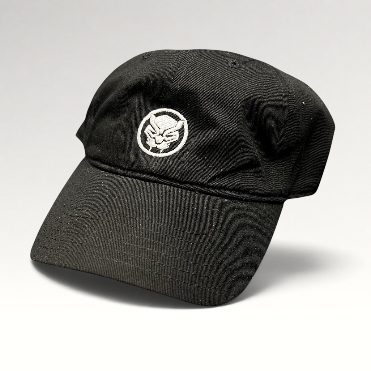 Raree Finds black Marvel Black Panther movie promo strapback hat with white embroidered mask logo on front