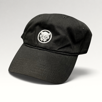 Raree Finds black Marvel Black Panther movie promo strapback hat with white embroidered mask logo on front
