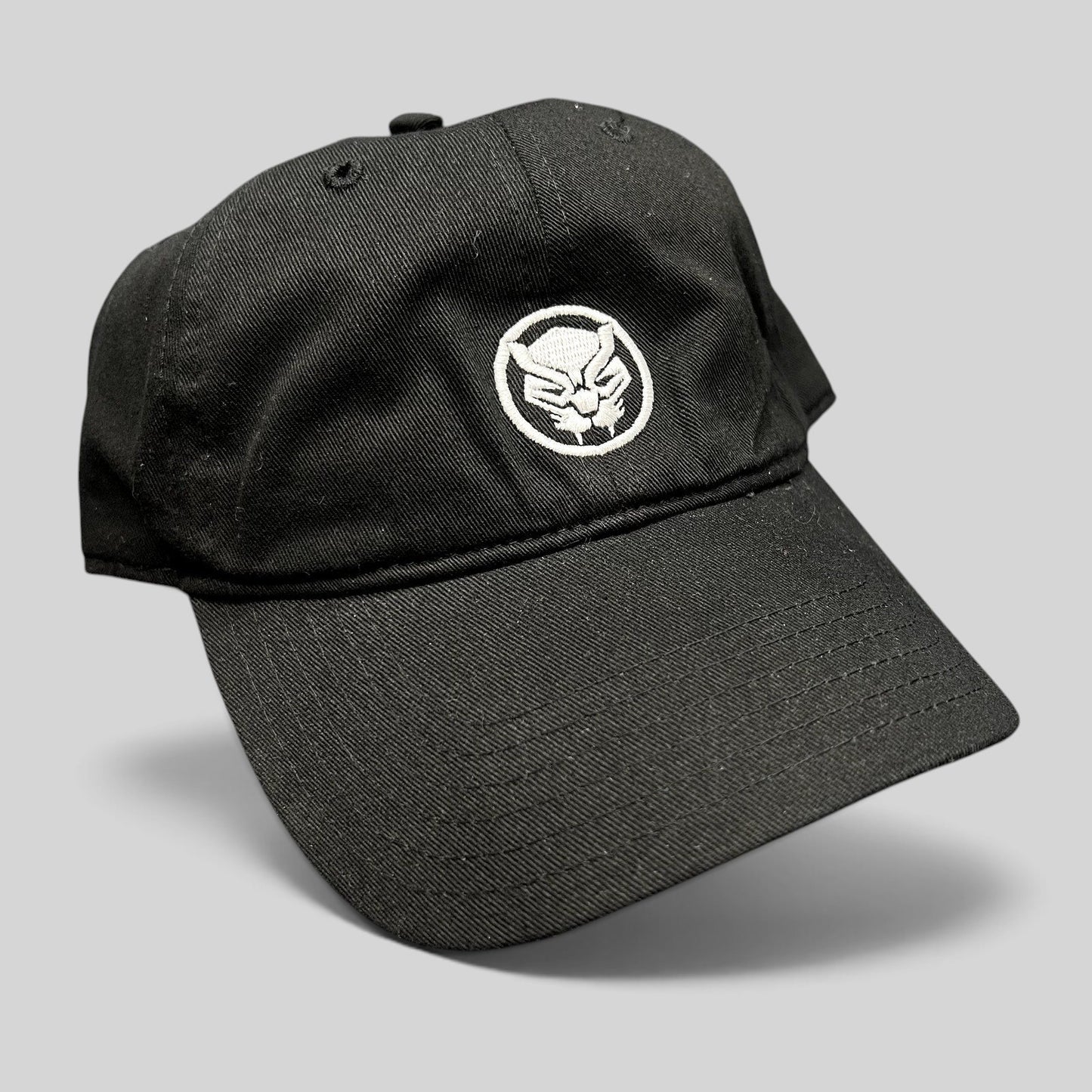 Raree Finds official Marvel Black Panther black strapback hat with an embroidered mask logo on the front
