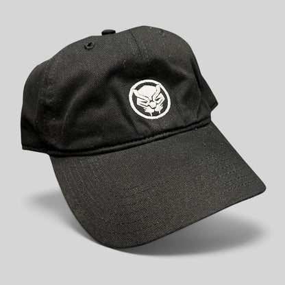 Raree Finds official Marvel Black Panther black strapback hat with an embroidered mask logo on the front