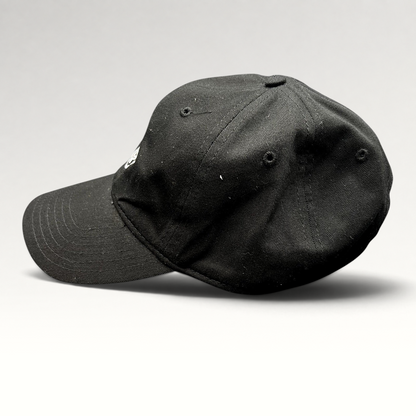 Raree Finds black Marvel Black Panther strapback hat with embroidered mask logo, side profile view.