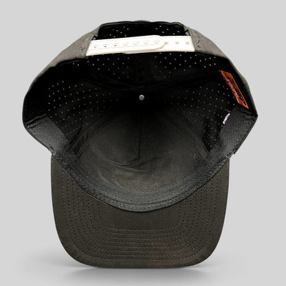 Raree Finds black snapback hat with perforated crown and white adjustable snap closure, interior view