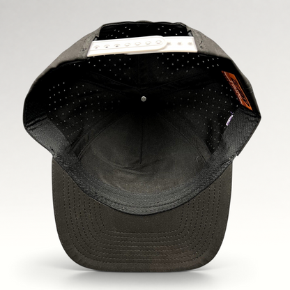 Raree Finds black snapback hat with perforated crown and white adjustable snap closure, interior view