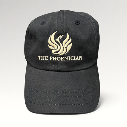 Raree Finds black cotton strapback dad cap with embroidered The Phoenician phoenix logo and script on the front