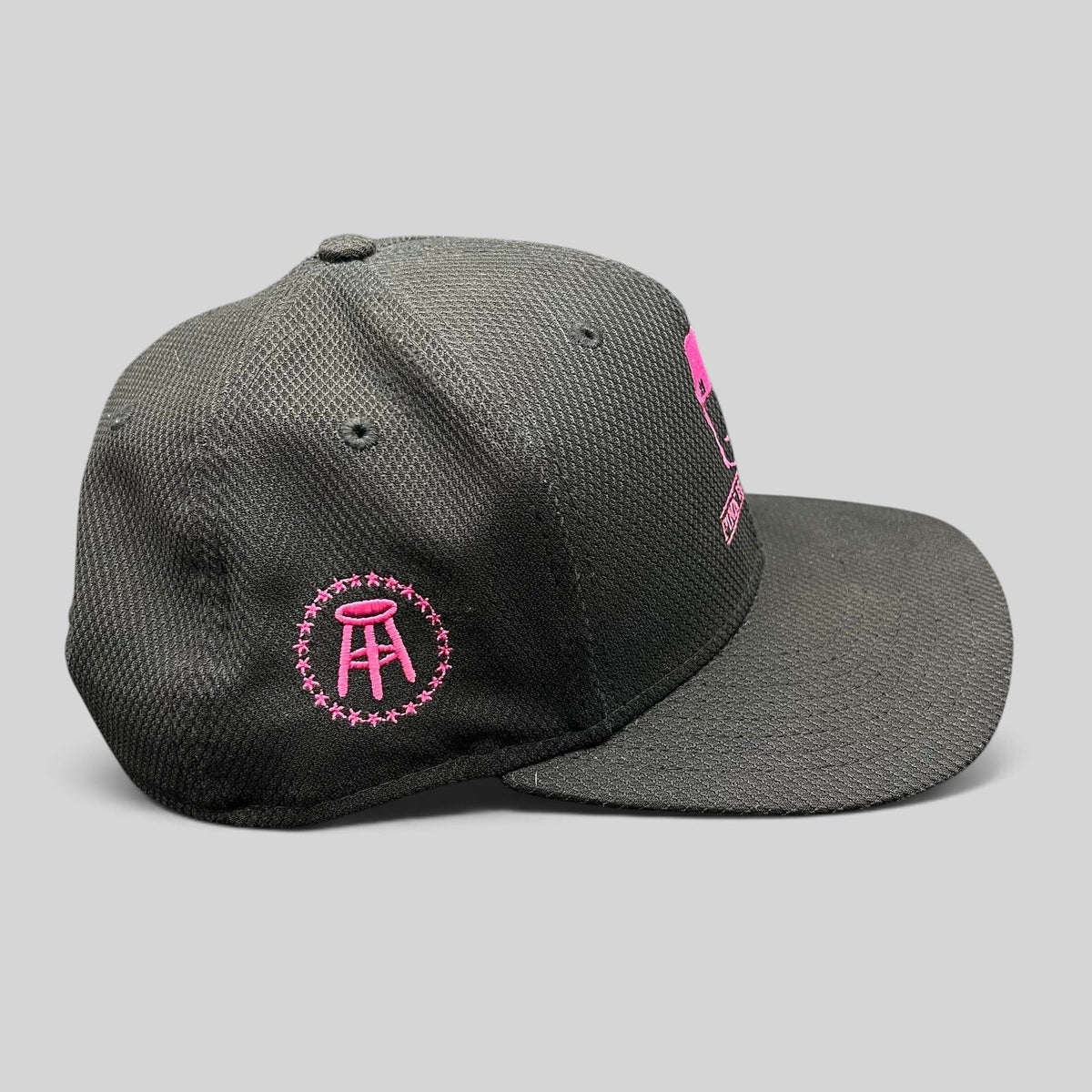 Raree Finds black New Era 9FIFTY snapback hat with pink Barstool Sports stool logo embroidery on the side