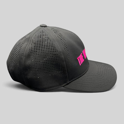 Raree Finds black performance snapback hat with hot pink The Naked Gun embroidery and perforated side panels