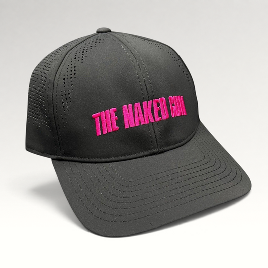 Raree Finds black performance snapback hat with hot pink The Naked Gun embroidery and perforated side panels.