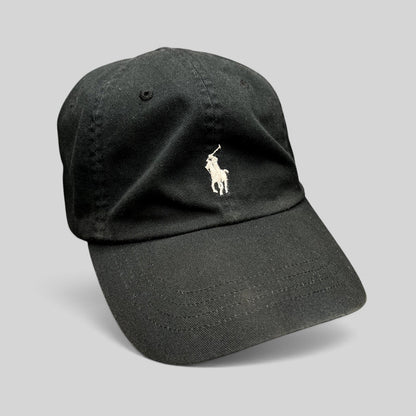 Raree Finds black cotton twill Polo Ralph Lauren strapback hat with white embroidered pony logo