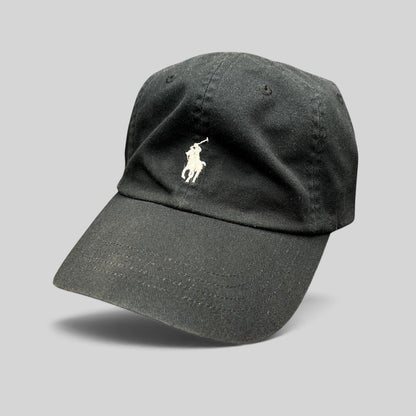 Raree Finds black cotton twill Polo Ralph Lauren strapback hat with a white embroidered pony logo on the front