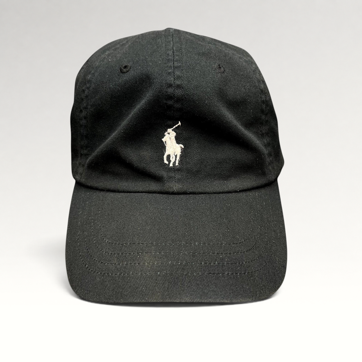 Raree Finds black cotton twill Polo Ralph Lauren strapback hat with a white embroidered pony logo on the front