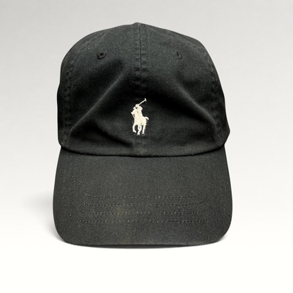Raree Finds black cotton twill Polo Ralph Lauren strapback hat with a white embroidered pony logo on the front