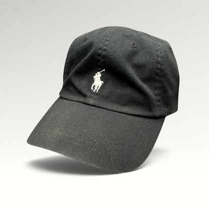 Raree Finds black cotton twill Polo Ralph Lauren strapback hat with a white embroidered pony logo