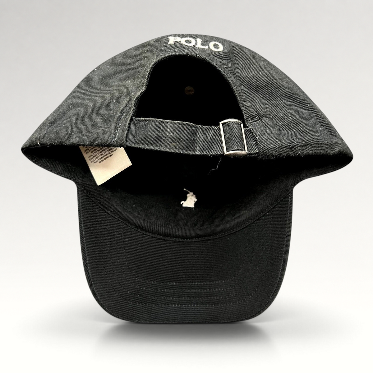 Raree Finds Polo Ralph Lauren black cotton twill strapback hat with white POLO embroidery on the rear adjustable strap